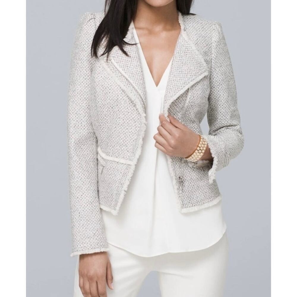White House Black Market Asymmetric Tweed Moto Jacket Size 14 Fringe Trim Office